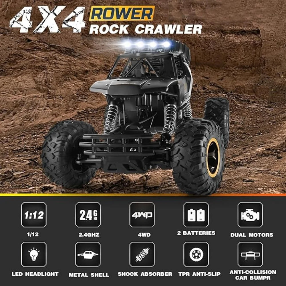 2 Batteries 1:12 Rock Crawler Rechargeable Off Road Truck 4WD  Metal Shell LED Headlights RC Remote Control Off Road Car Truck